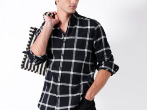 black & white flannel checked slim fit casual shirt