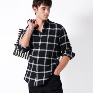 black & white flannel checked slim fit casual shirt