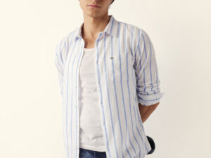 blue & white vertical stripes slim fit casual shirt