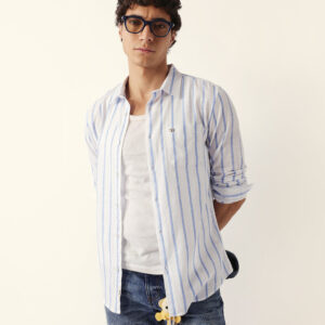 blue & white vertical stripes slim fit casual shirt