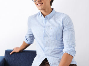 blue & white vertical seersucker pinstripe slim fit casual shirt