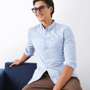 blue & white vertical seersucker pinstripe slim fit casual shirt