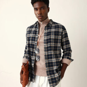 navy blue flannel woven checked slim fit casual shirt