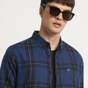 men blue checked slim fit cotton casual shirt
