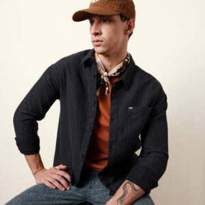 dark blue textured crepe relaxed fit overshirt