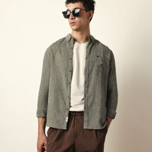 green textured woven striped slim fit casual shirt