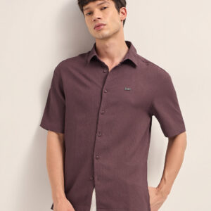 maroon all over textured leaf motif oversized casual shirt with half sleeves