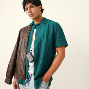 teal green textured geometric relaxed fit casual half sleeve shirt