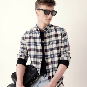 multicolor woven tartan checked slim fit casual shirt