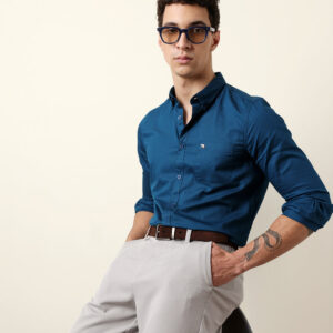 teal solid cotton slim fit casual shirt