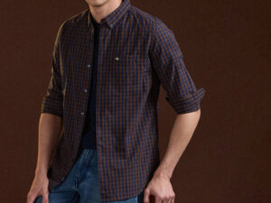 blue and brown checked slim fit casual shirt