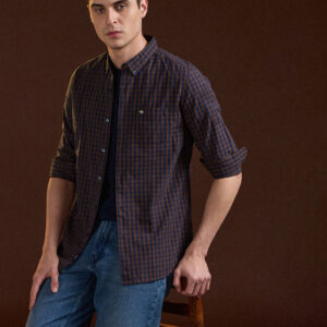 blue and brown checked slim fit casual shirt