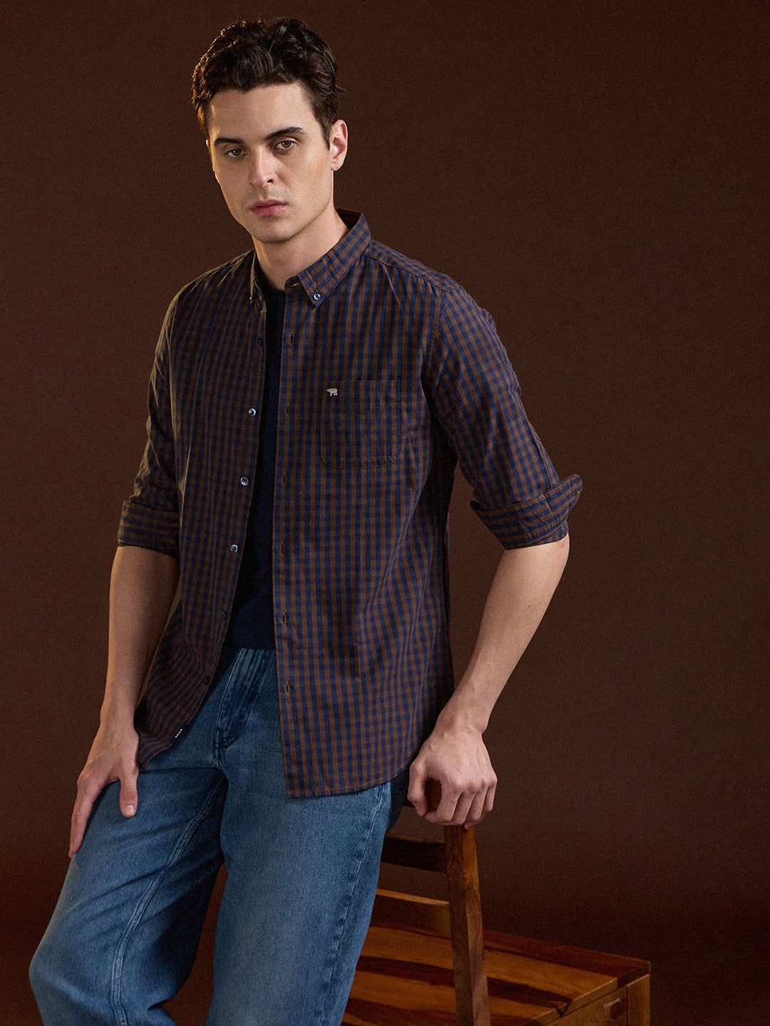 blue and brown checked slim fit casual shirt blue and brown checked slim fit casual shirt