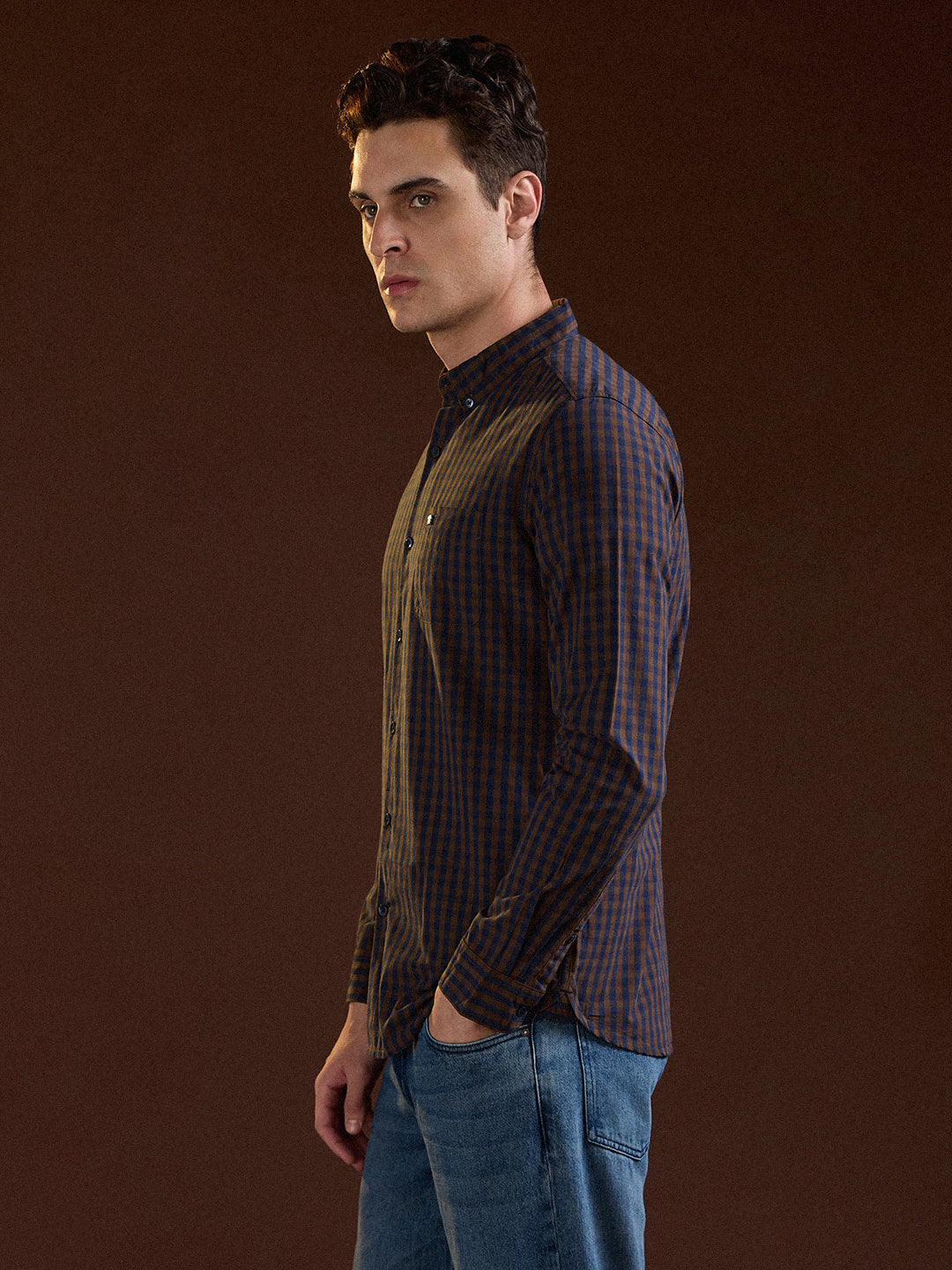 blue and brown checked slim fit casual shirt blue and brown checked slim fit casual shirt