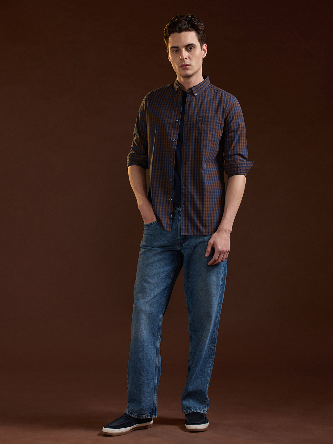 blue and brown checked slim fit casual shirt blue and brown checked slim fit casual shirt