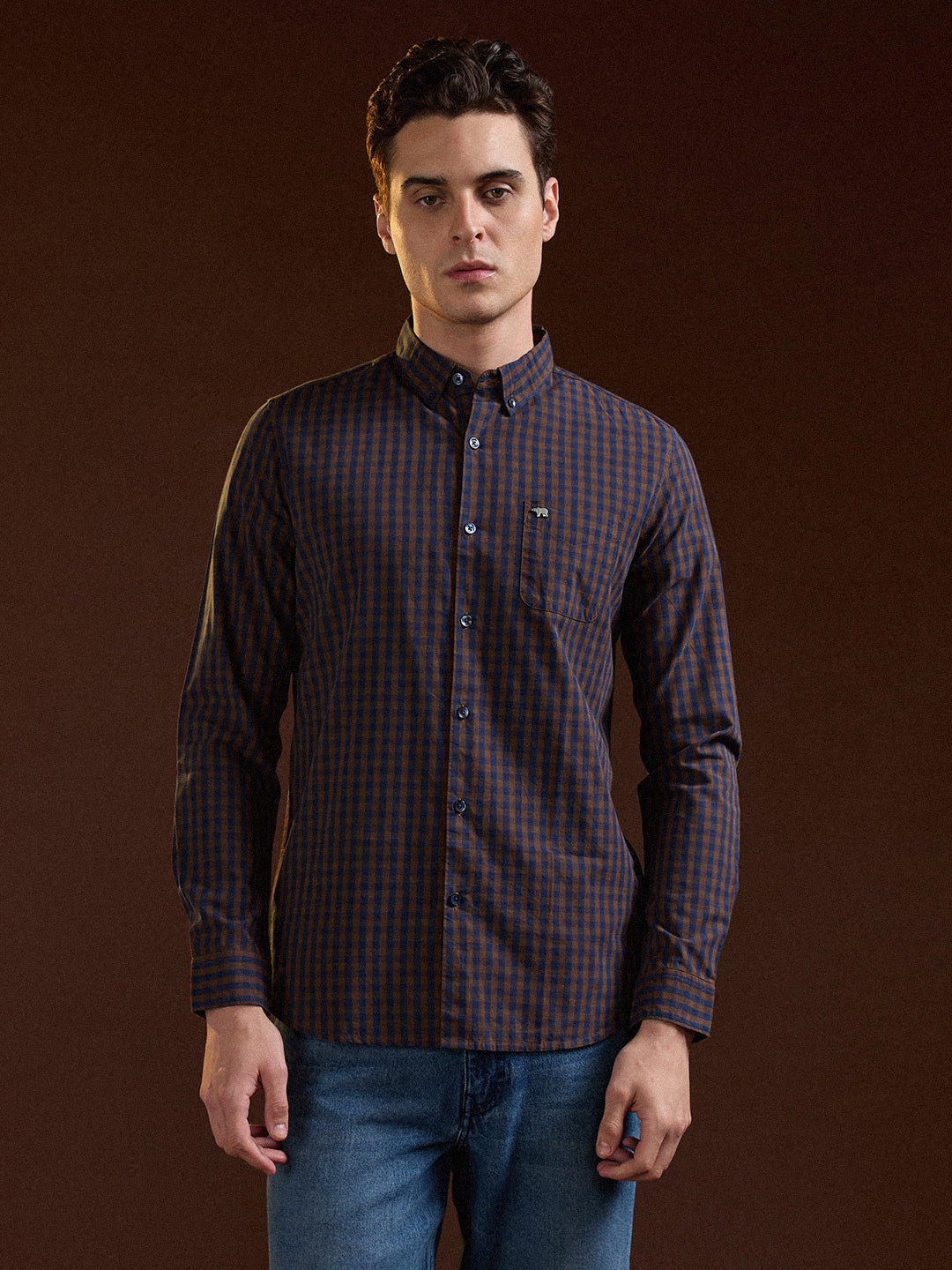blue and brown checked slim fit casual shirt blue and brown checked slim fit casual shirt