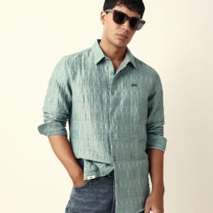 light green textured woven self design slim fit casual shirt