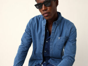 blue denim slim fit casual shirt with button down collar