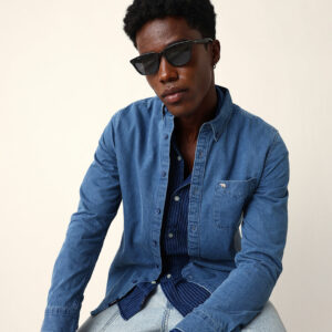 blue denim slim fit casual shirt with button down collar