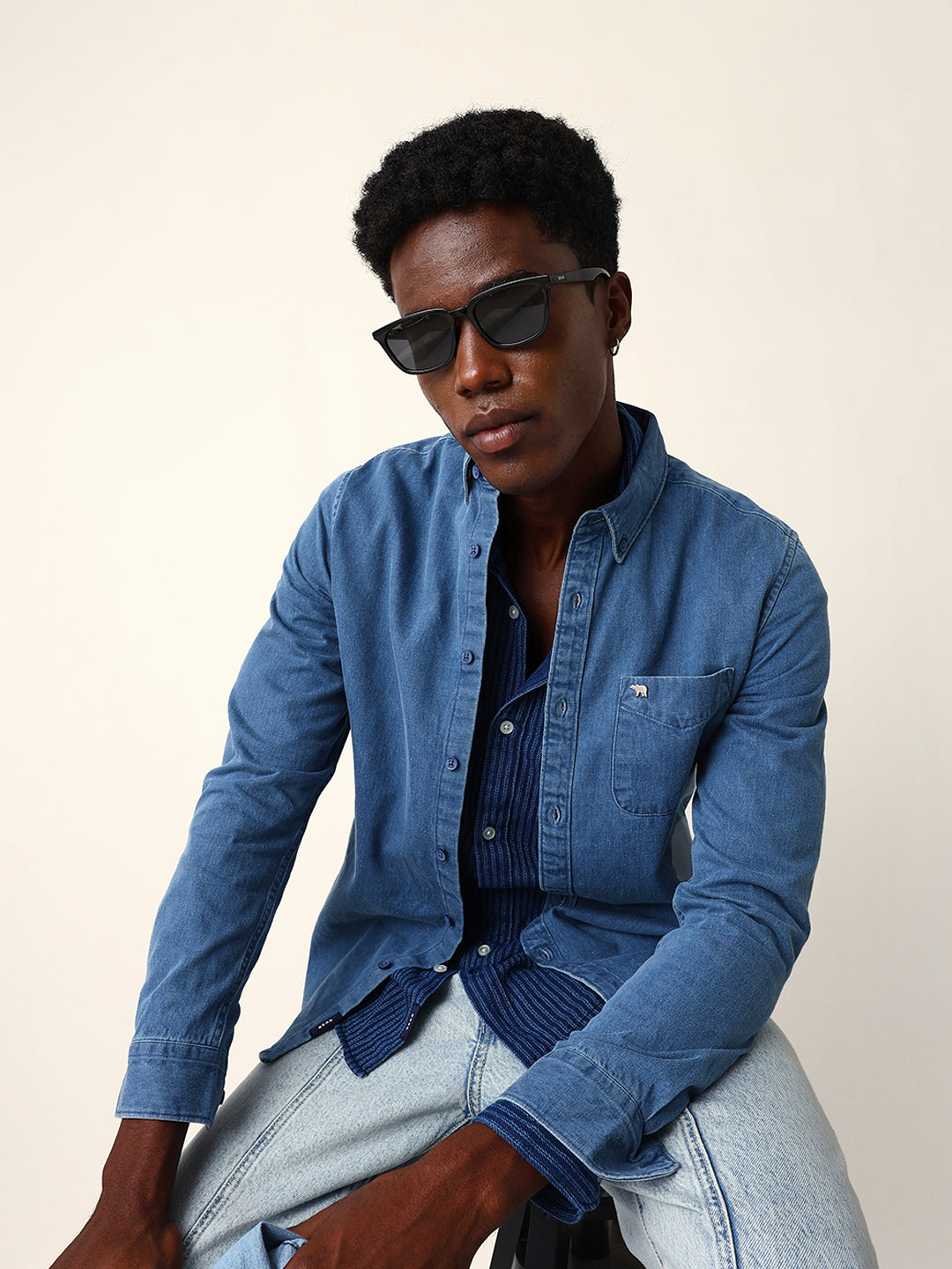 blue denim slim fit casual shirt with button down collar blue denim slim fit casual shirt with button down collar