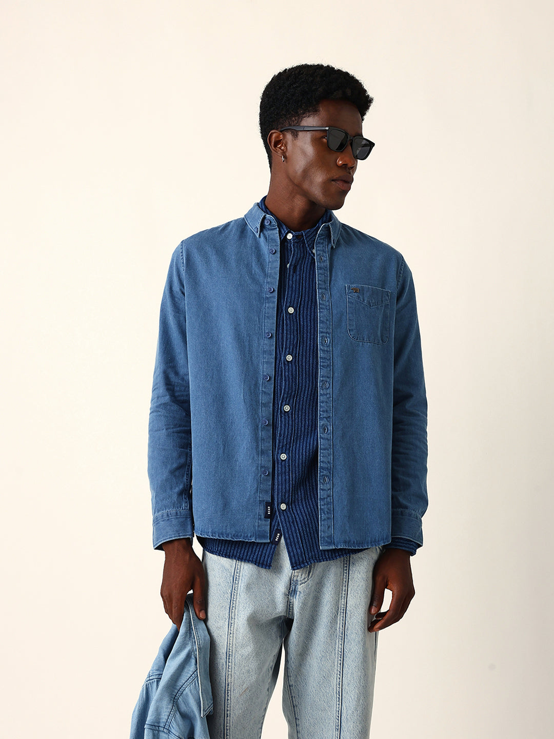 blue denim slim fit casual shirt with button down collar blue denim slim fit casual shirt with button down collar