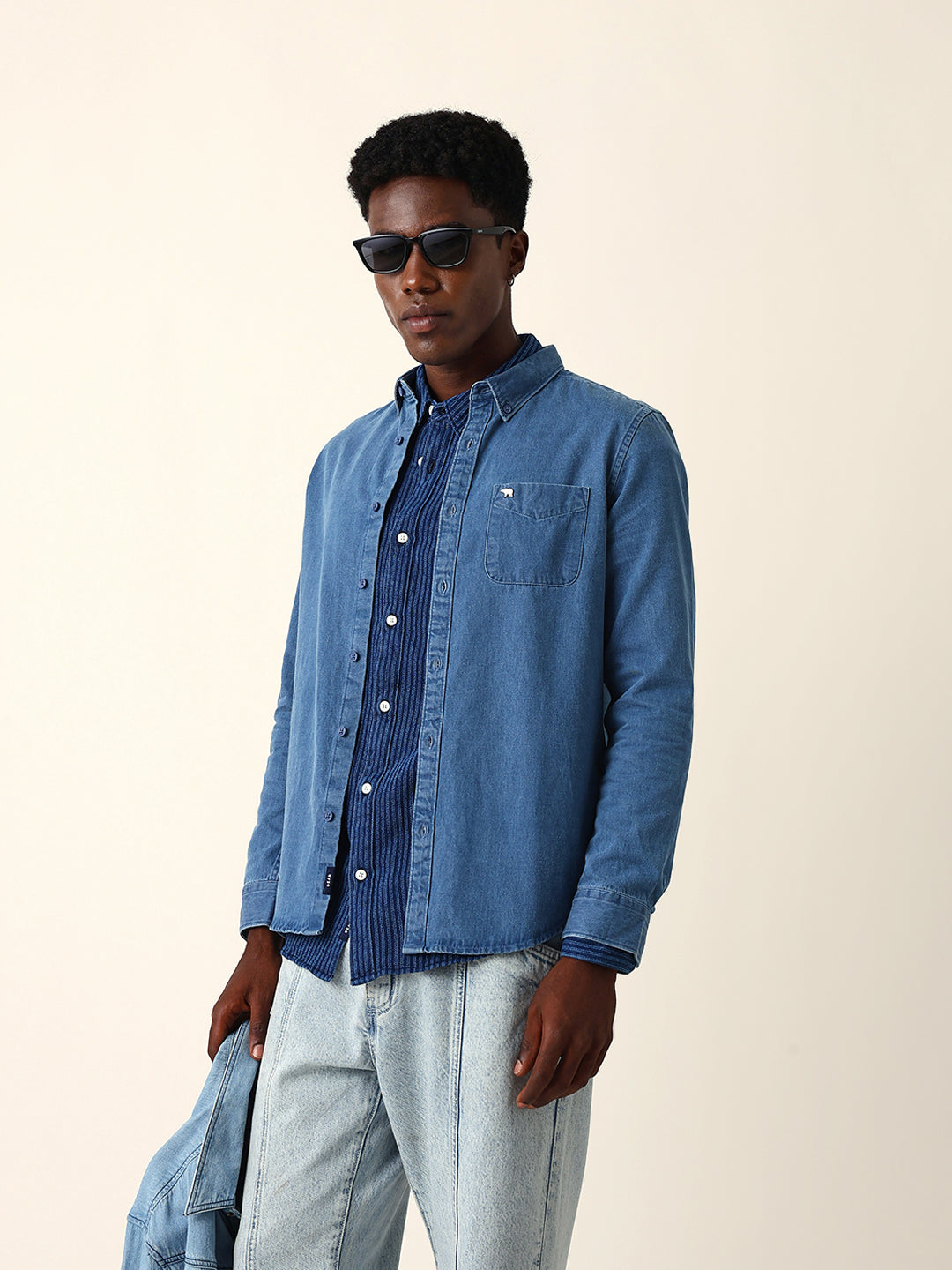 blue denim slim fit casual shirt with button down collar blue denim slim fit casual shirt with button down collar