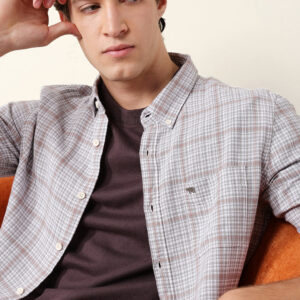 grey woven micro checked slim fit casual shirt