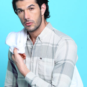 men slim cream & grey checked shirt
