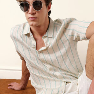 cream vertical stripe regular fit casual shirt