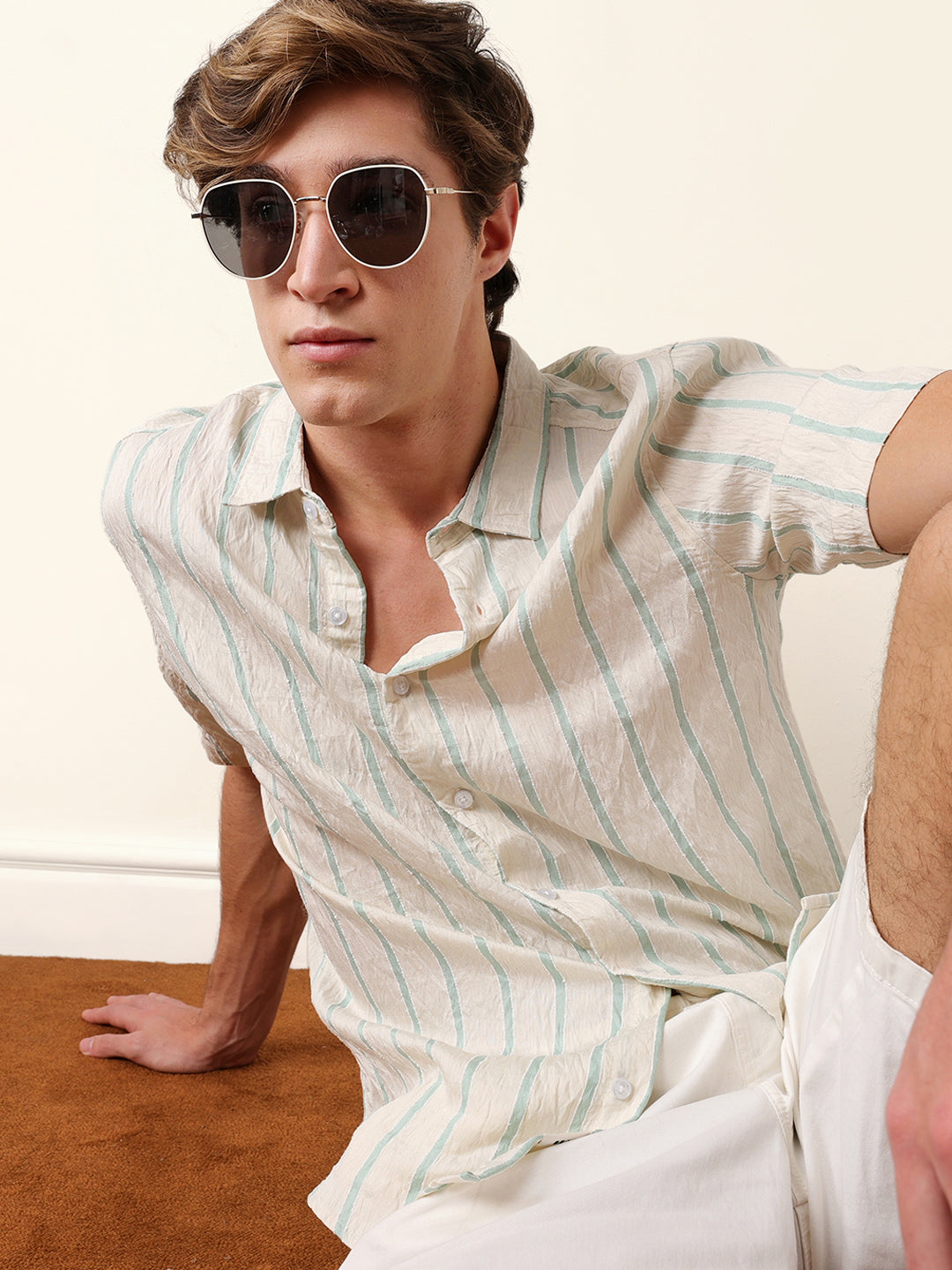 cream vertical stripe regular fit casual shirt cream vertical stripe regular fit casual shirt