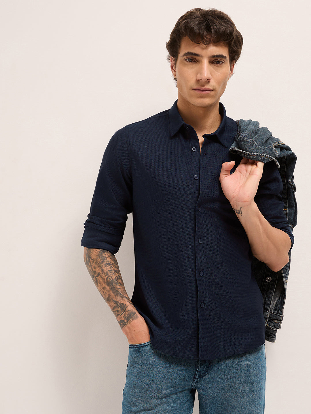 navy blue woven textured regular fit casual shirt navy blue woven textured regular fit casual shirt
