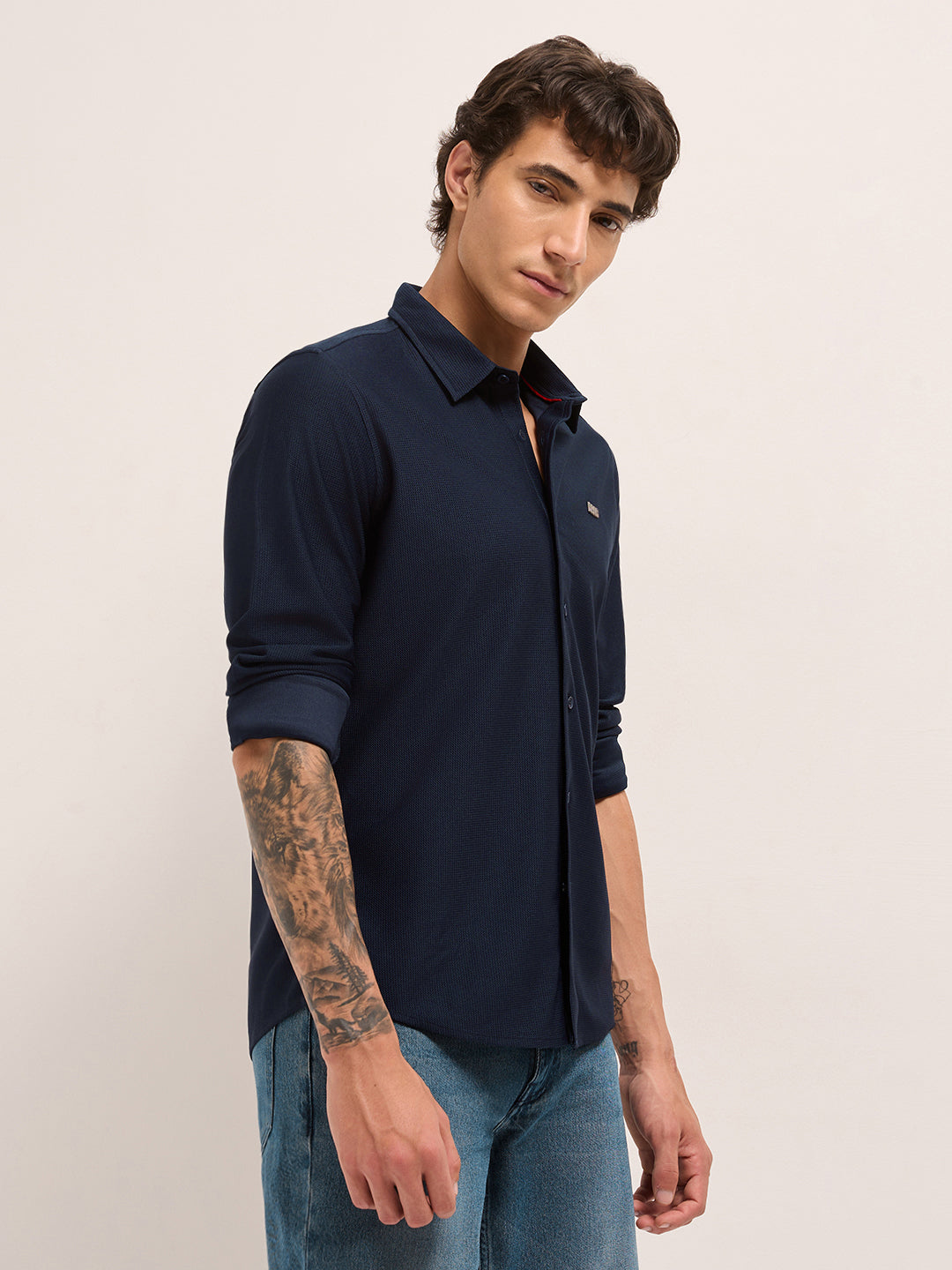 navy blue woven textured regular fit casual shirt navy blue woven textured regular fit casual shirt