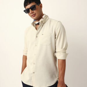cream slub textured woven slim fit casual shirt
