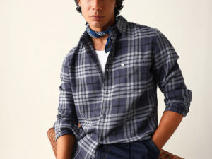 blue woven checkered slim fit casual shirt