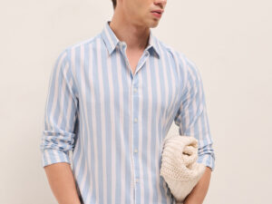 blue & white vertical stripes slim fit casual shirt