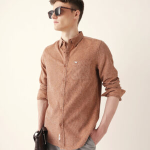 rust textured woven striped slim fit casual shirt