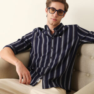 navy & grey vertical stripes slim fit casual shirt