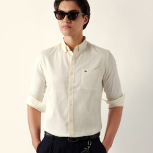 cream solid slim fit cotton casual shirt