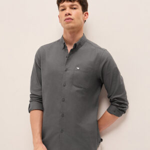 grey solid cotton slim fit casual shirt with button down collar