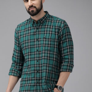 men green & black slim fit checked flannel cotton casual shirt