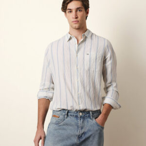 white with blue vertical textured stripe regular fit casual shirt