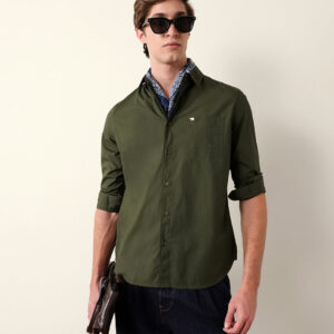 olive solid slim fit cotton casual shirt