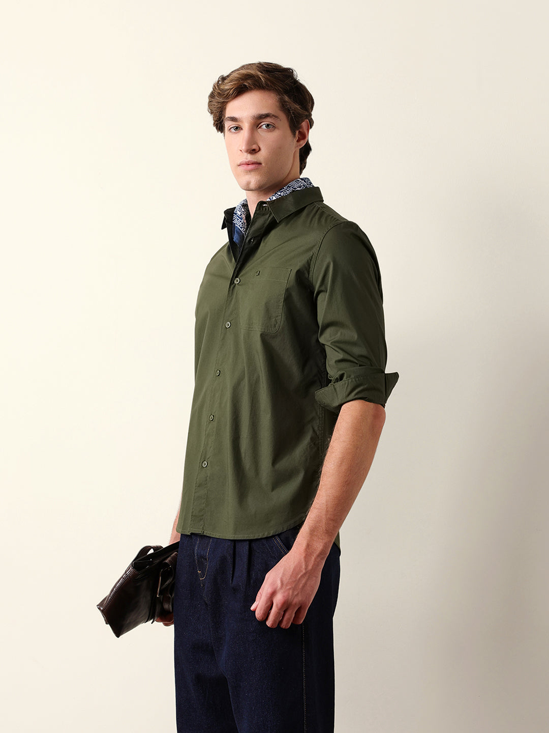 olive solid slim fit cotton casual shirt olive solid slim fit cotton casual shirt