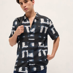 dark blue digital print relaxed fit casual shirt in nylon viscose