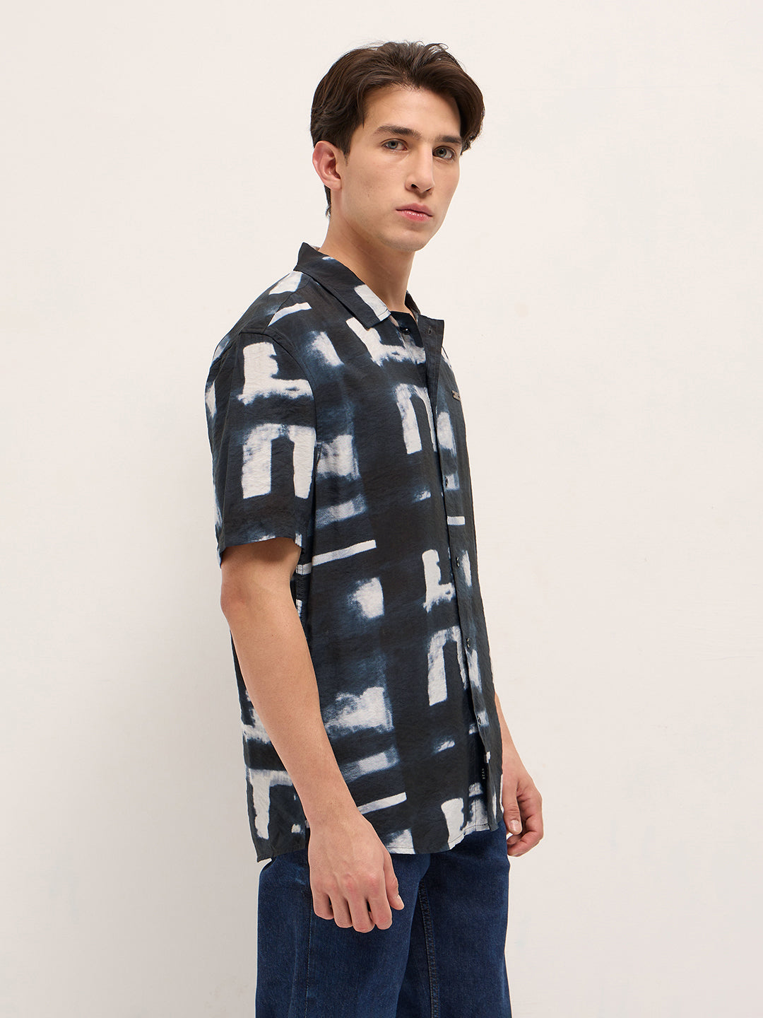 dark blue digital print relaxed fit casual shirt in nylon viscose dark blue digital print relaxed fit casual shirt in nylon viscose
