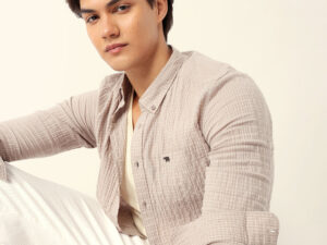 beige slim fit casual shirt with woven micro check