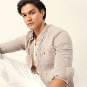 beige slim fit casual shirt with woven micro check