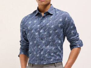 blue digital print tailored fit cotton formal shirt