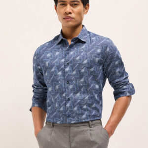 blue digital print tailored fit cotton formal shirt