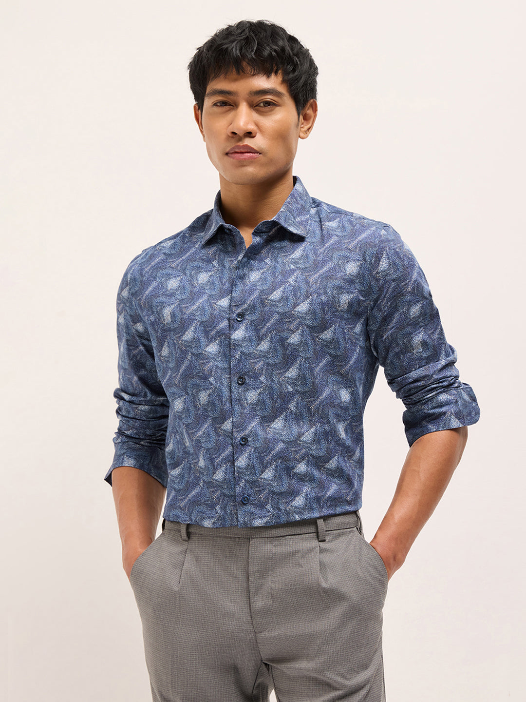 blue digital print tailored fit cotton formal shirt blue digital print tailored fit cotton formal shirt